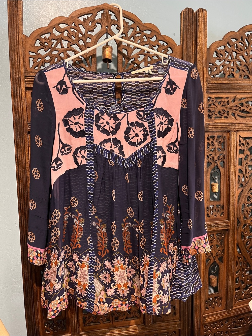 Anthropologie Floreat Boho Floral Mixed-Print Tunic - Pink & Navy